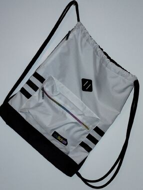 adidas White Drawstring Gym Bag with Black Accents and Rainbow Zip